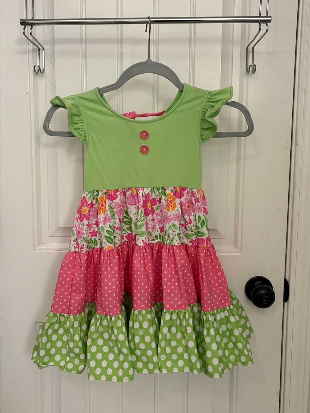 Eleanor Rose Lime Green & Pink Tiered Floral Polka Dot 5/6 Dress